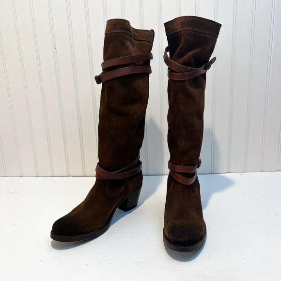 Frye Slouchy Suede Knee High Buckle Western Bohemian Block Heel Boots 7 NWOT - Picture 4 of 13